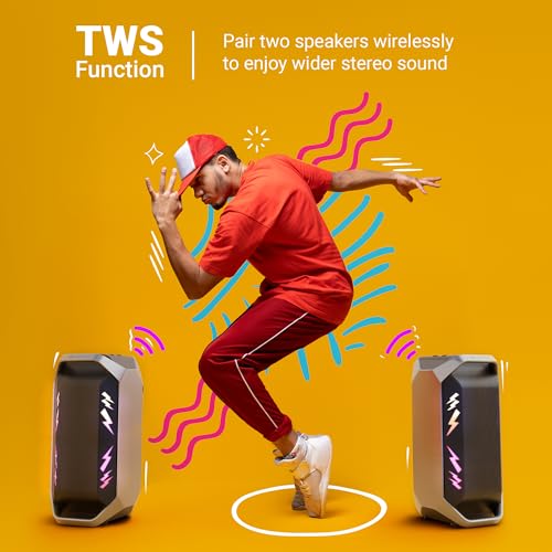 Image of Zebronics 2026 Launch 110W Bluetooth Speaker, Up to 6Hrs Backup, 16.51cm Subwoofer, Dual 9.3cm Drivers, 7000mAh Battery, Wireless Rechargeable Mic with Display, TWS, BT v5.3, (Party Fyre 110)