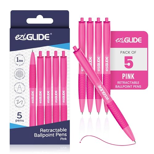 Eziglide Retractable Ballpoint Pens 5-Pack Pink Pens For Smooth Writing