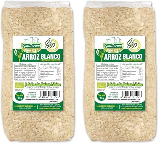 Guillermo | Arroz blanco redondo marismas de Doñana BIO - Paquete 1kg. | 100% ecológico | Contiene carbohidratos complejos | Ideal para paellas, risottos y arroces caldosos (Paquete de 2)