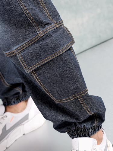 Image of The Indian Garage Co Men Loose Fit Solid Mid-Rise Stretchable Denim Joggers