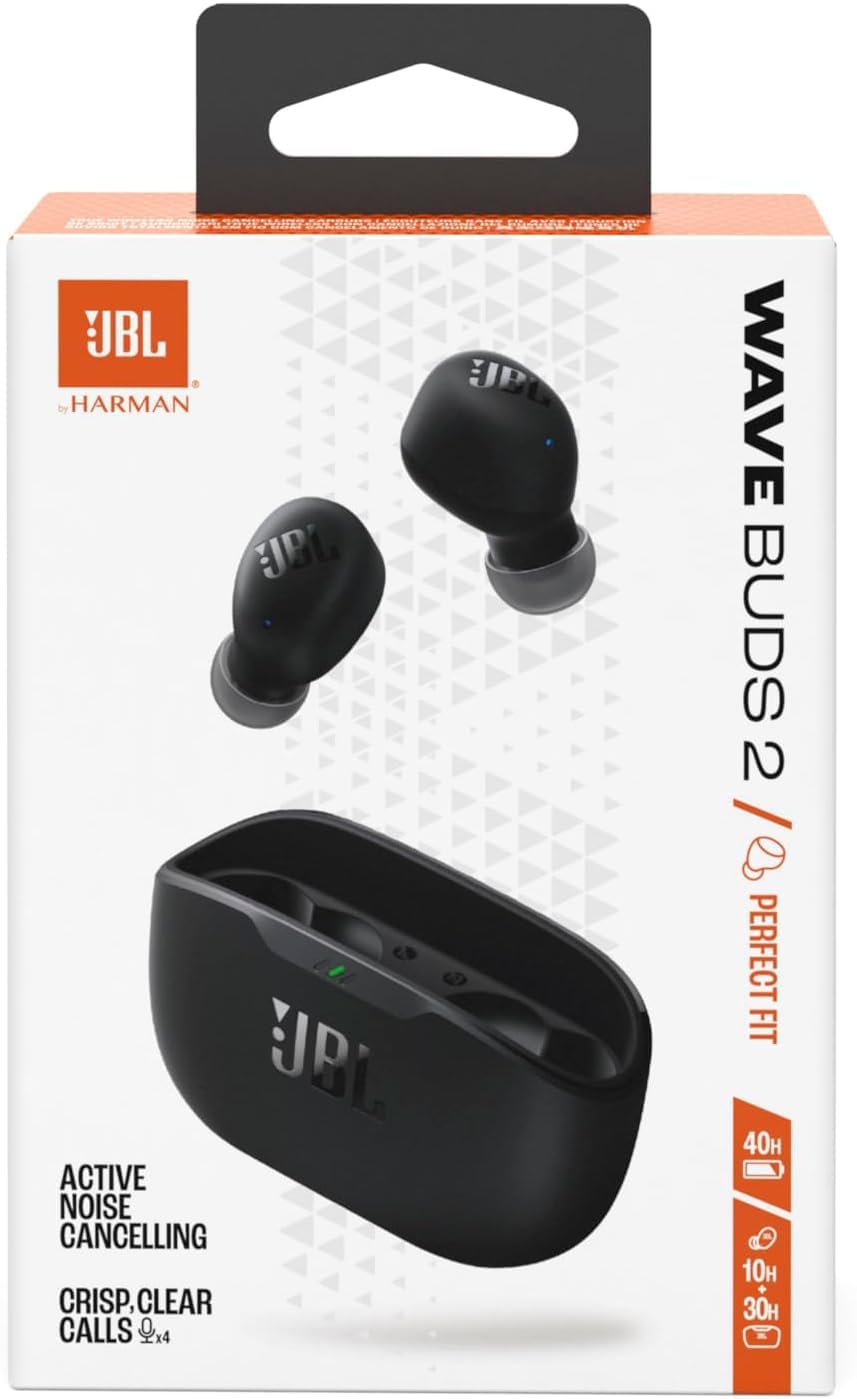 JBL WAVE BUDS 2 - Auricolari completamente wireless, Bluetooth, cancellazione attiva del rumore, multipunto, impermeabilità IP54, antipolvere, compatibili con app, USB tipo C/nero, JBLWBUDS2BLK