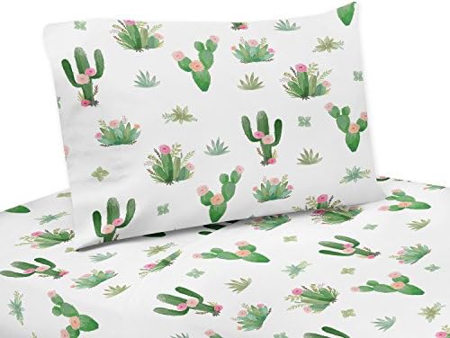 Pink and Green Boho Watercolor Queen Sheet Set for Cactus Floral Collection - 4 Piece Set