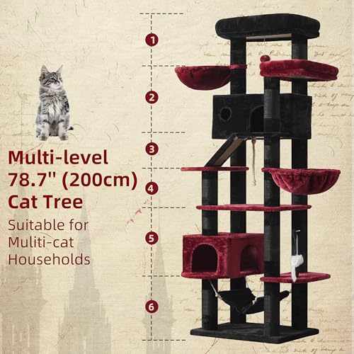 Image of Gitelsnour Tall Cat Tree Tower for for Multiple Cats, Large Condo, GCT031BR | 78.7 inch(200cm) Multi-level Scratching Post for Indoor Large Adult, 2 Condo, 4 Platforms, 3 Hammock, Sisal Rope, Toys Black
