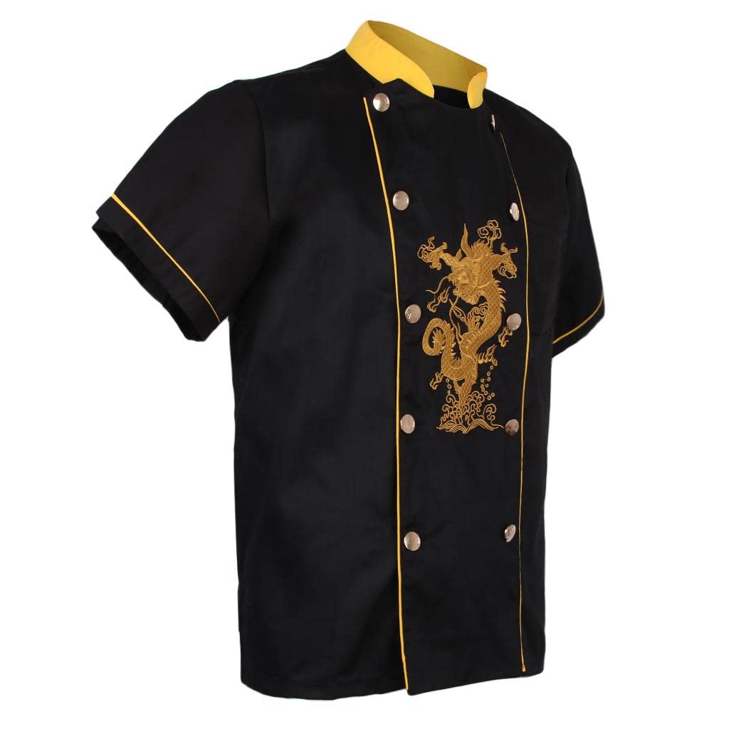 Chef Embroidery Dragon Uniforms Stand Up Collar Summer T-Shirt Black XL | Chef Coats | Chef Coats-image-5