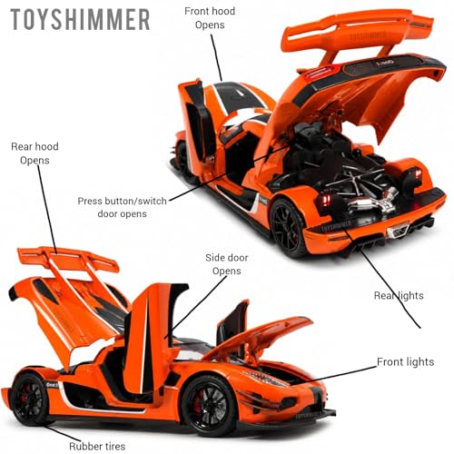 Image of 1:24 Scale Koenigsegg One:1 Diecast Model Car with LED Lights & Engine Sound | Premium Metal Body | Openable Doors via Roof Button | Realistic Collectible Toy for Kids & Adults-Orange
