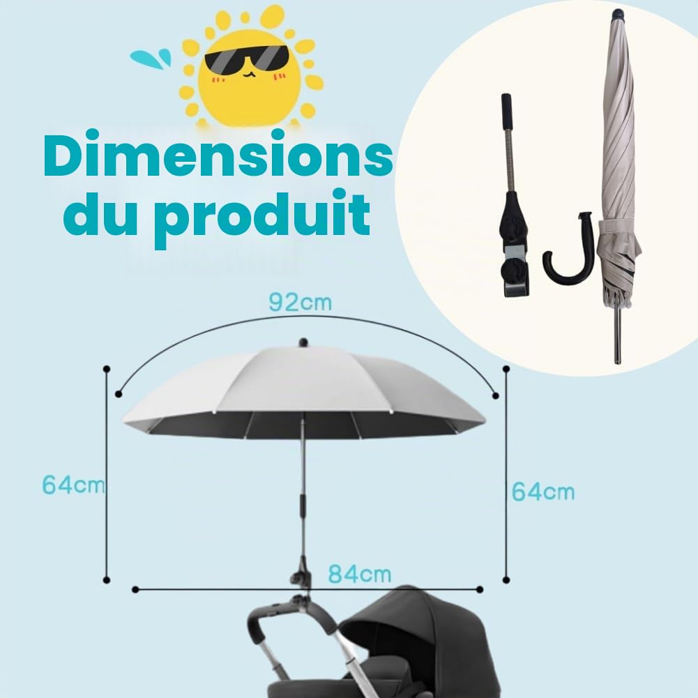 Parapluie Parasol Poussette,Ombrelle Poussette Universelle,Ombrelle pour Poussette Anti UV,Parasol Anti UV 50+ pour Landau,Anti UV Parasols pour Landau,Avec Pince Flexible Bras Réglable