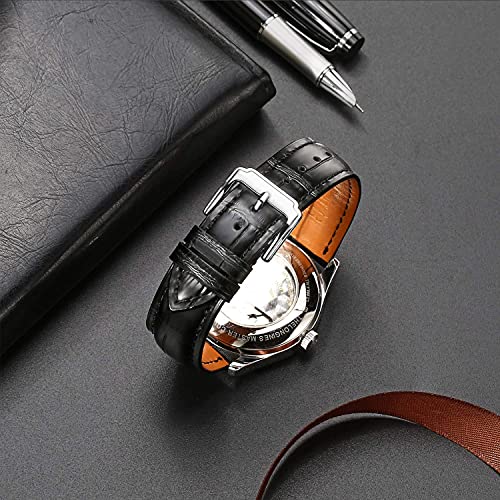 Image of Moran Genuine Leather Watch Band 18mm 19mm 20mm 21mm 22mm 23mm 24mm Calf Grain Watch Strap for Men and Women 22 mm Black-Silver Buckle