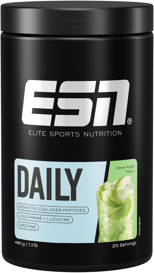 ESN Daily, Green Apple, 480 g, 1.1 lbs, 20 Porties – Poeder met Bioactieve Collageen Peptiden, L-Glutamine, Creatine en L-Leucine