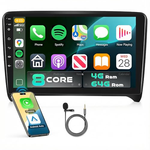 5/6Ghz WiFi 8Core 4GB+64GB Radio for Audi TT MK2 2006-2014 Car Stereo with Wireless Carplay Android Auto,9'' IPS Touch Screen,Android Auto,5.1Bluetooth,MirrorLink,SWC,FM/RDS