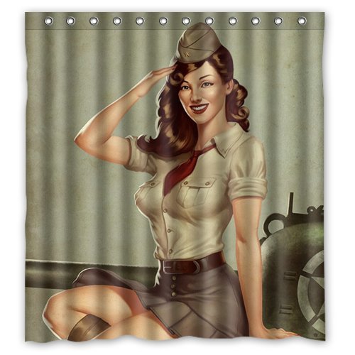 FUNNY KIDS' HOME Millitary Style Shower Curtain Pin up Girl Beautiful Lady Soldier on The Tank Waterproof Polyester Fabric 66(w) x72(h) Rings Included
