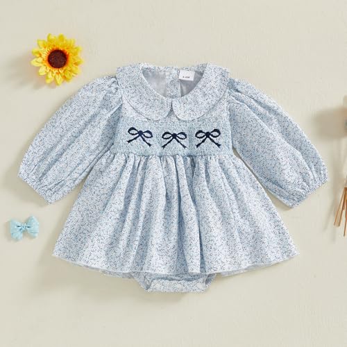 Newborn Baby Girl Romper Dress Bow Puff Sleeve Peter Pan Collar One Piece Jumpsuit Fall Winter Dresses Clothes4