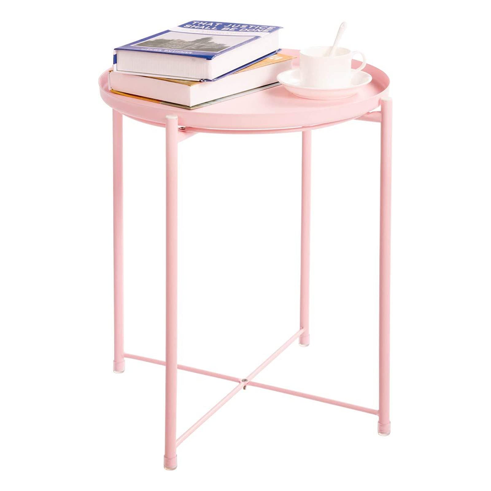 FAXIOAWA Tavolino Vassoio, Tavolino in Metallo, Tavolino Rotondo Antiruggine e Impermeabile, Tavolino da Snack per Divano con Vassoio Rimovibile per Soggiorno, Camera da Letto, Balcone,Rosa