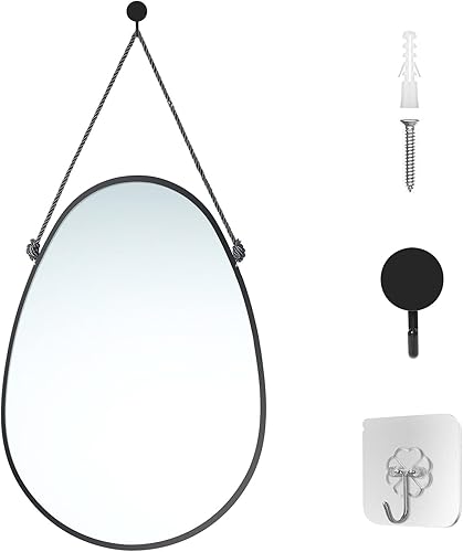 LONGWIN Espejos colgantes de lágrima negros para decoración de pared, 13 x 18.3 pulgadas, espejo decorativo geométrico negro con cuerda, espejo