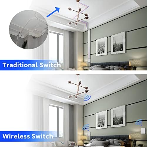 NASHONE Wireless Switch Light Set, No Wiring No Battery Easy Installing Wireless Wall Switch 200M Outdoor 50M Indoor Wireless Range for Lamp Electric Device 1100W 2 Switches