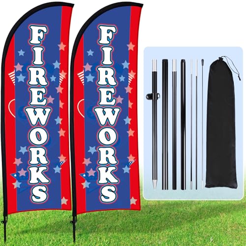 Buryeah 2 Sets Fireworks Feather Flag with Pole Kit and Ground Stake 8ft Advertising Sign Banner Swooper Flag with Ground Stake and Portable Bag for Business Outside Event