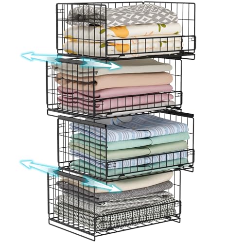 Hongtamoya 4-Tier Sliding Closet Organizers and Storage Shelves, Stackable Closet Shelf Organizer Basket Bins, Drawer Shelf Storage Container for Wardrobe Cupboard Kitchen Bathroom Office, Black