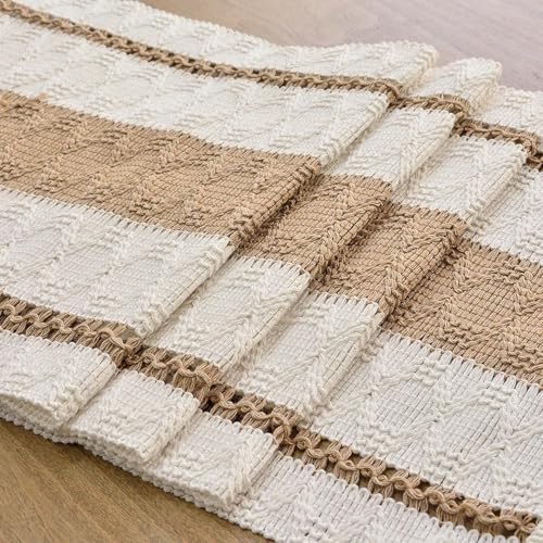 Image of FEXIA Boho Table Runner for Hoilday Spring Home Decor with Tassels 60 Inches Long Pottery barn Furniture Farmhouse Rustic Macrame Burlap Table Decoration for Living Room (12x60 Inches)