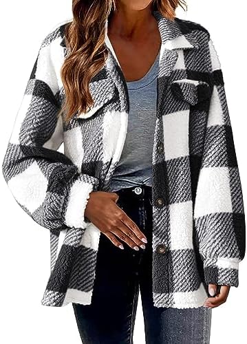 Womens Flannel Shacket Jacket Plaid Button Down Long Sleeve Lapel Shirt Coat Trendy Casual 2024 Fall Fashion Clothes