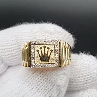 Men’s Vintage Crown Pattern Ring, Gold-Tone Alloy Band with Crystal Accents, Statement Fashion Jewelry