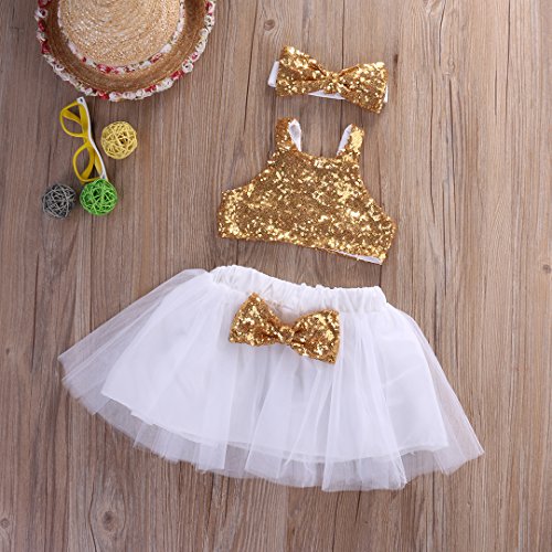 Toddler Baby Girls Gold Sparkle Sequins Tops Tutu Skirt 3Pcs Princess Outfit Set #TOP2