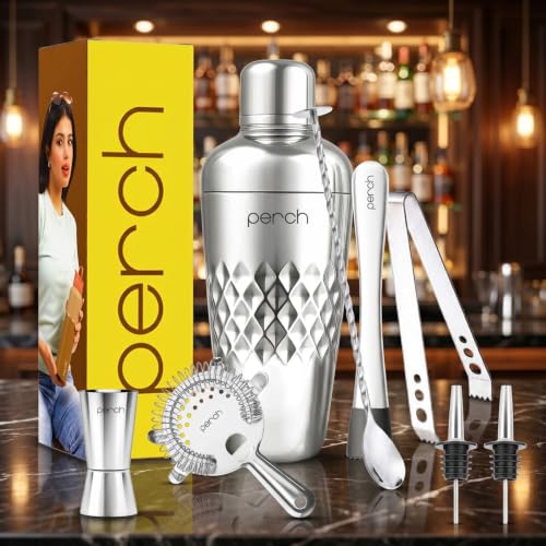 Image of O' Holic by Perch Craft 8-Piece Stainless Steel Bartender Kit|Premium Cocktail Shaker Set with Jigger 30 /60ml, Spoon,Pourer,Ice Tong, & Bar Tools|Professional Bar Set for Home &Tour Parties|Silver