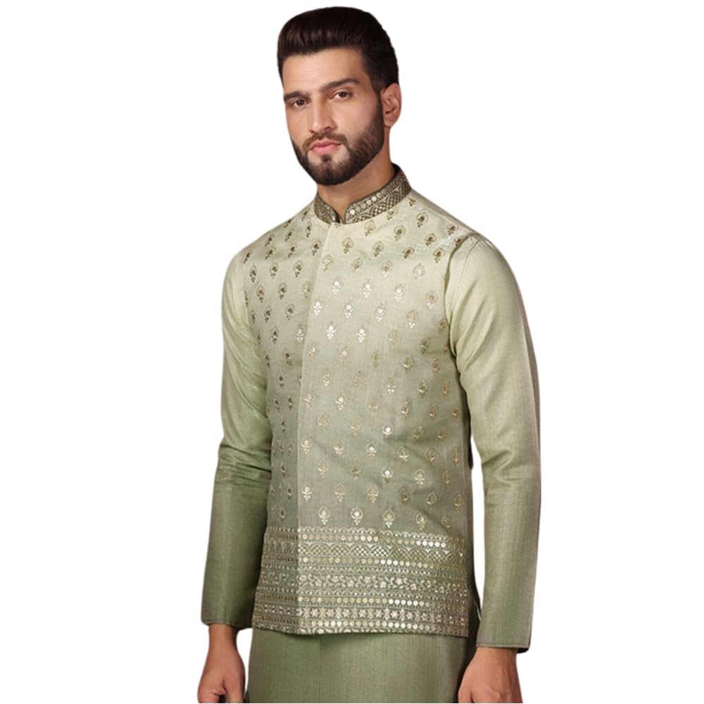 Men's Nehru Jacket, Green Silk Blend, Embellished Regular Fit Mandarin Collar Sleeveless
