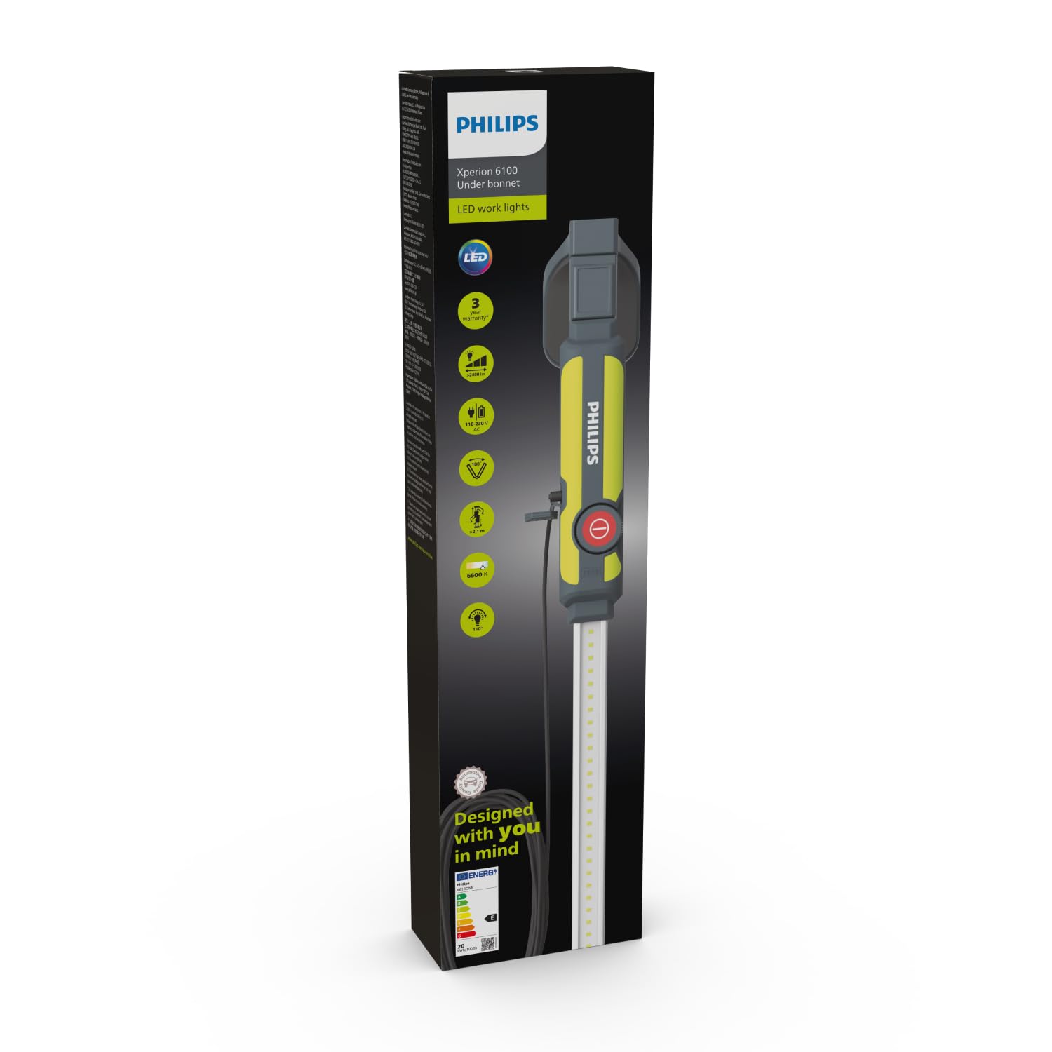 Philips Xperion 6100 Bonnet LED-Motorraumleuchte, Hybridfunktion mit Akku- oder Kabelbetrieb, ausziehbar für PKW und Nutzfahrzeuge, bis zu 2.400 lm, dimmbar, um 360° drehbar, faltbar, 6.500K
