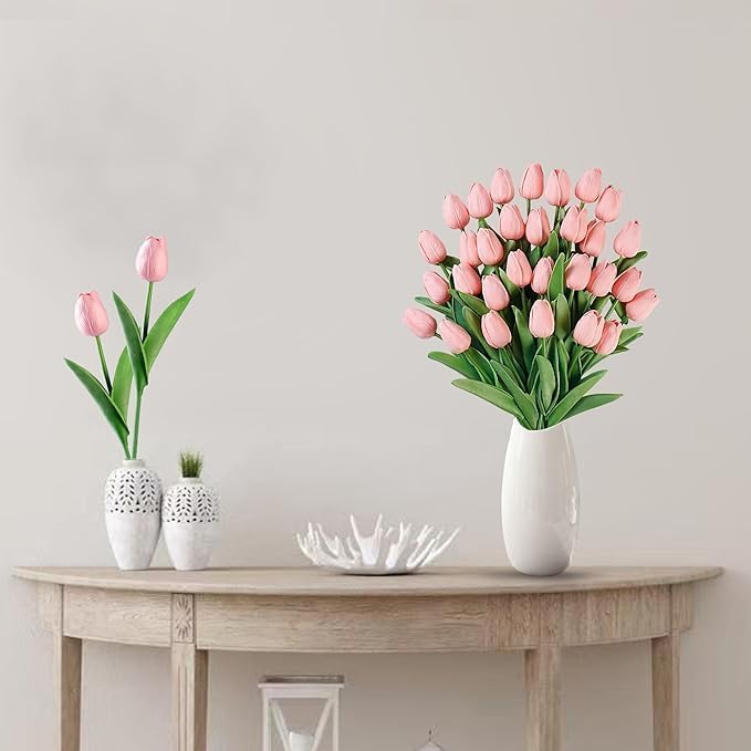 Image of Garden Art Artificial Tulip Flowers (Pack of 5) | Real Touch Silicone Single Stem Tulips for Home Decor, Living Room, Office, Vase & Wedding Decoration GAASTFB-1H-33BP (Baby Pink)