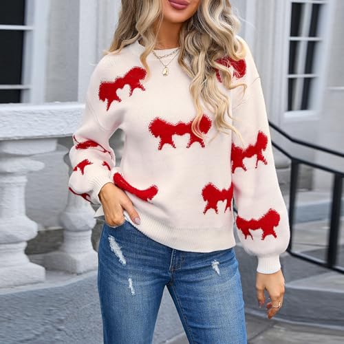 Image of Women Cute Bow Knit Sweater Y2k Long Sleeve Crew Neck Knitted Pullover Top Oversized Going Out Fall Winter Knitwear
