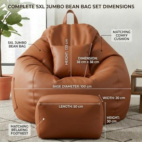 Image of KAM'S LIEU 5XL Luxury Faux Leather Bean Bag with Footrest & Cushion | Pre-Filled High-Density Polystyrene Beans | Premium Leatherette | 6 Months Warranty Color- (Tan, with Footrest)