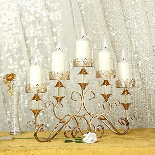 TABLECLOTHSFACTORY 18” Tall 5 Arm Gold Metal Candelabra Centerpiece Crown Top Table Standing Hurricane Candle Holders with Glass Tube