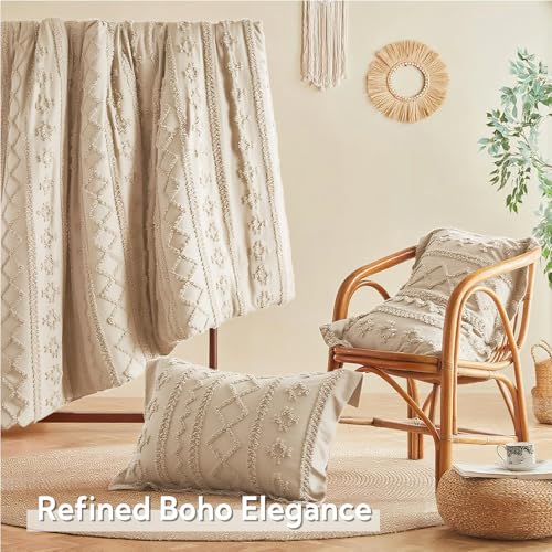 Image of MR&HM Full Size Bed Sheets and Comforter Set Beige, 7 Pieces Tufted Boho Beddding Sets, Farmhouse Style Bed in a Bag with 1 Comforter, 2 Pillow Shams, 2 Pillowcases, 1 Flat Sheet, 1 Fitted Sheet