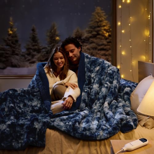 Image of Bedsure Faux Fur Tie-Dye Heated Blanket Queen Size with Dual Control, Blue