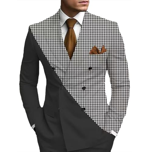 Men's Double-Breasted Blazer,Houndstooth Print, Peak Lapel Suit Jacket, Formal Business,Casual Sport Coat