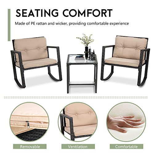FDW Black Wicker 3-Piece Outdoor Bistro Set with Rocking Chair and Coffee Table for Patio and Poolside