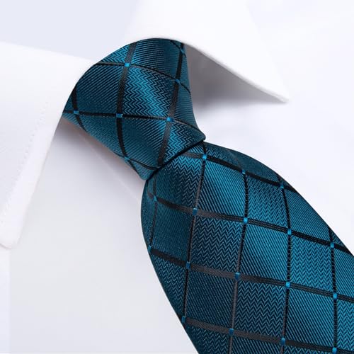Image of DiBanGu Mens Silk Plaid Tie and Pocket Square Set | Elegant Silk Formal Tie Set, Woven Check Necktie and Cufflinks Tie Clip Set, Perfect for Wedding Party, Comes in Gift Box