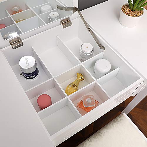 ZDMATHE Vanity Set with Flip Top Mirror Makeup Dressing Table Writing Desk with 2 Drawers Cushioned Stool, Vanity Makeup Table with Removable Organizers (White)