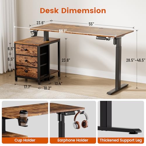 Image of REAHOME Electric Standing Desk with Drawers, 55 x 24 Inches Height Adjustable Sit Stand Desk with Storage, 3 Memory Preset Home Office Computer Desk, Printer Cabinet Cable Management, Rustic Brown