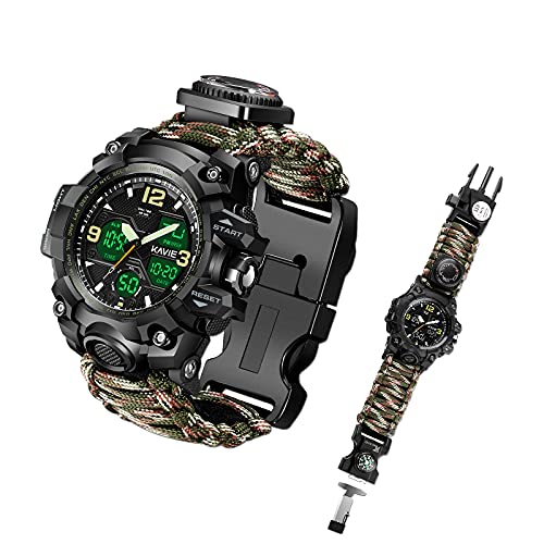 Kavie Men's Military Survival Compass Watch, 23-in-1 Tactical Multi-Functional Outdoors Camouflage Sports Watches Dual Display Analog LED Electronic Wristwatches with Fire Starter Paracord Band