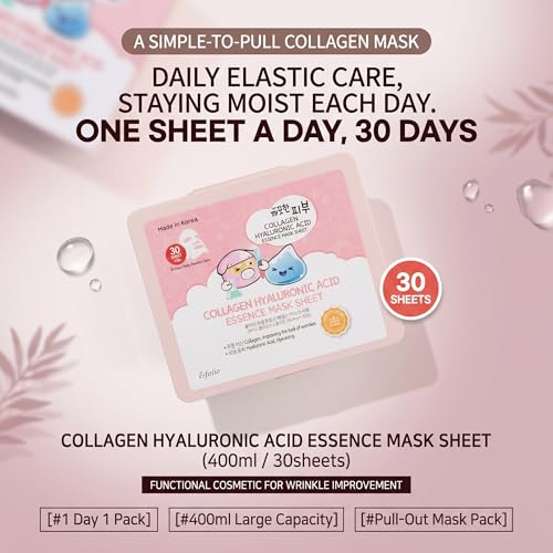 Image of esfolio Made in Korea 30 Sheets Pure Skin Collagen Hyaluronic Acid Essence Facial Mask - Hydrating Face Mask for Smooth, Firm, and Supple Skin