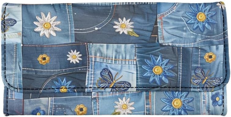 Novelty Jeans Print Womens Wallets Leather Clutch, Vintage Denim Block Patch Design Long Wallet for Women Blue Credit Card Holder with Coin Purse ID Window - Image 4