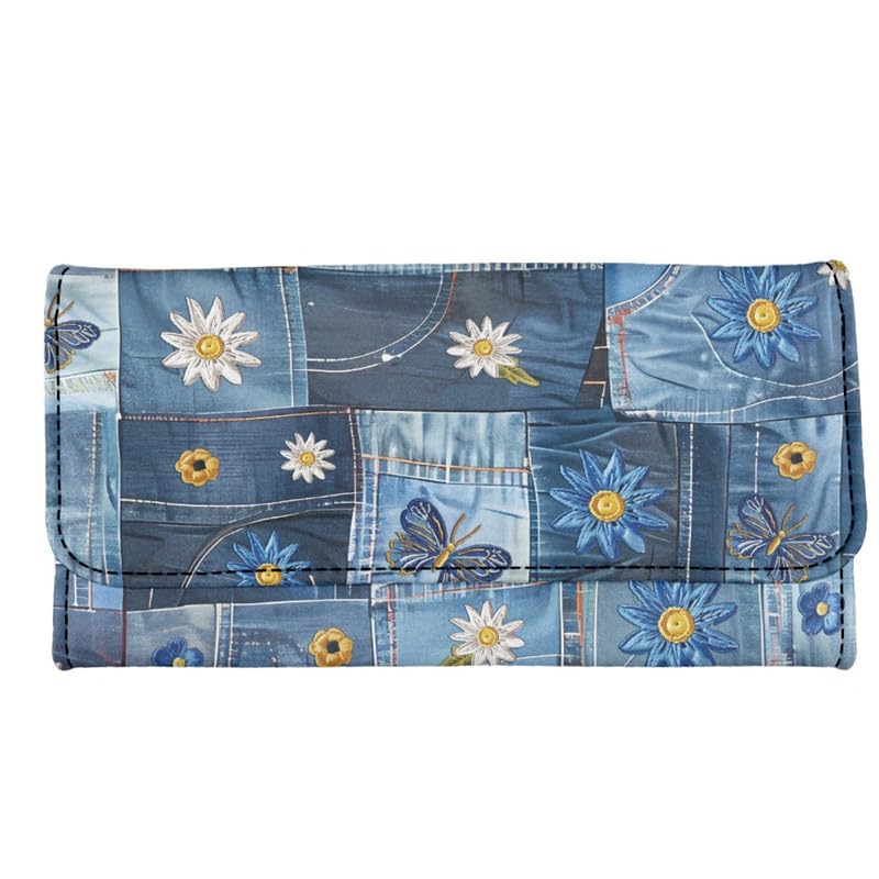 Novelty Jeans Print Womens Wallets Leather Clutch, Vintage Denim Block Patch Design Long Wallet for Women Blue Credit Card Holder with Coin Purse ID Window4
