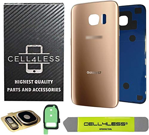 CELL4LESS Compatible Back Glass Cover Back Battery Door w/Custom Removal Tool & Installed Adhesive Replacement for Samsung Galaxy S7 - All Models G930-2 Logo - OEM Replacement (Gold)
