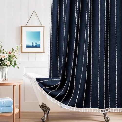 72 x 76 inch Extra Long Boho Chic Shower Curtain Heavyweight with Tassels, Navy Linen Textured Fabric Farmhouse Shower Curtain, Elegant White Striped Bathroom Curtain Water Repellent Navy Bl