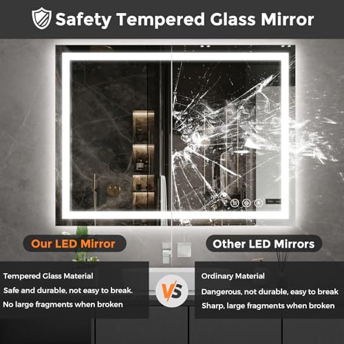 Koonmi 36x48 LED Bathroom Mirror, Backlit + Front Lit, LED Bathroom Mirror with Lights for Wall, 3 Colors, Anti-Fog, Dimmable Brightness, Memory Function, Tempered Glass - Image 5