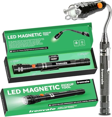Ironvale Magnetic Pickup Tool Telescoping Magnet with 3 LED Flashlight Cool Gadgets Mechanic Tool - Gifts for Men Women Dad Him Husband Birthday Gifts for Men Mens Gifts from Daughter Black