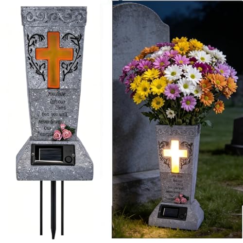 HUYIENO Solar Cemetery Vase for Grave Decor - Waterproof Memorial Flower Holder with LED Cross Light - Sympathy Gifts for Loss of Loved One, Cemetery Decorations for Fresh or Artificial Flowers