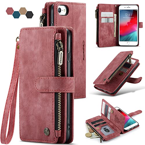 iPhone SE 2022/SE 2020/iPhone 8/iPhone 7 Case,iPhone SE 2022 Wallet Case with Card Holder Kickstand Magnetic Zipper Pocket Lanyard Strap Wristlet,Leather Flip Case Wallet for iPhone SE 2022 (Red)