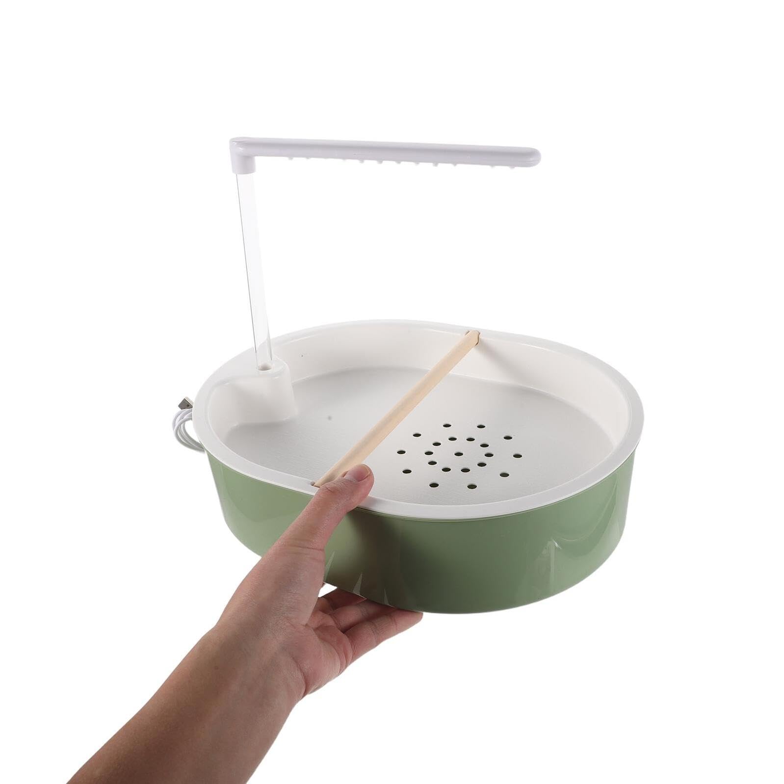 Baño Automático para Pájaros Loro con Bomba de Agua Ajustable USB, Cuenco de Plástico Azul Gris Verdoso 20 Cm Alto, Ducha Doble para Jaula con Palo de Pino 1,5 Cm Diámetro,