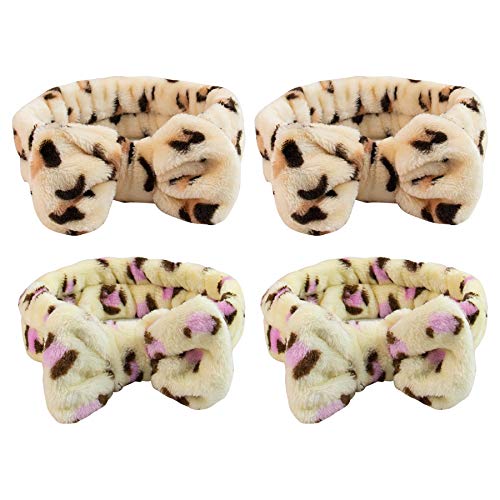 AUEAR, 4 Pack Coral headbands Leopard Bowknot Headband Spa Facial Headband for Washing Face or Cosmetic 2 Colors
